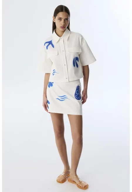 Къса пола с бродерия - Мръснобял/Син