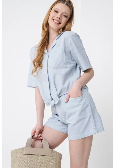 Къса риза с лен - Бял/Пастелносин
