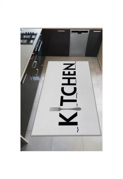 Килим Kitchen  За кухня - Полиестер - Дигитален печат - Неплъзгащ се - Бял/Черен