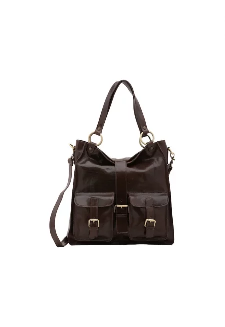 Кожена шопинг чанта с каишки с тока - Тъмнокафяв