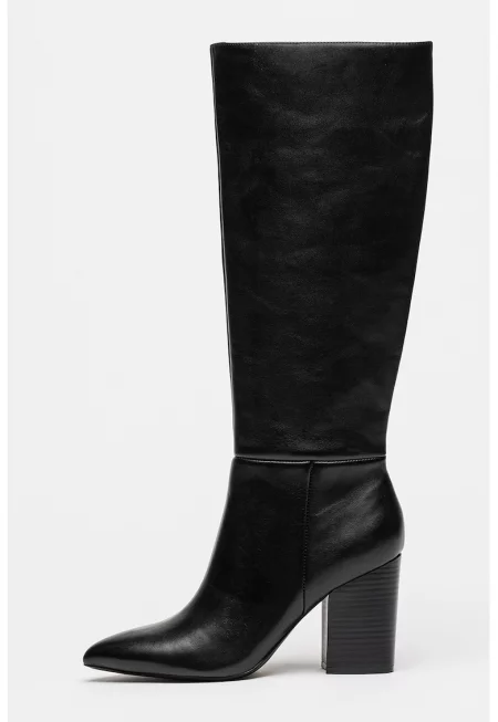 Кожени ботуши с ток и цип - Черен