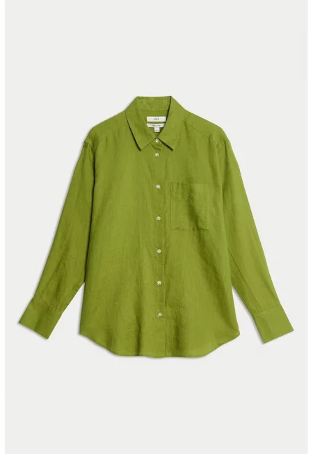Ленена риза с джоб на гърдите - Тъмнозелен