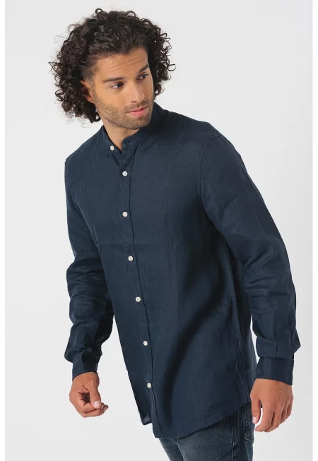 Ленена риза с ниска яка - Ултрамарин синьо