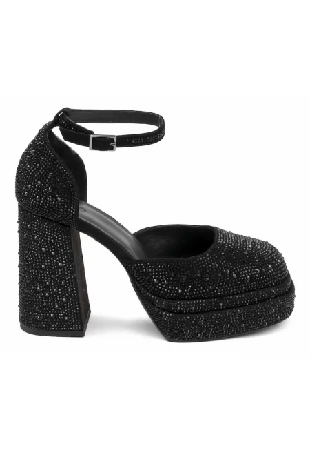 Maura Chunky Heeled Shoes With Rhinestones Applications - Черен
