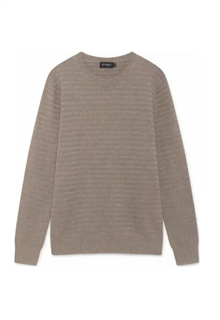 Мъжки пуловер  Garter - памук - бежов - класическа кройка - кръгло деколте -