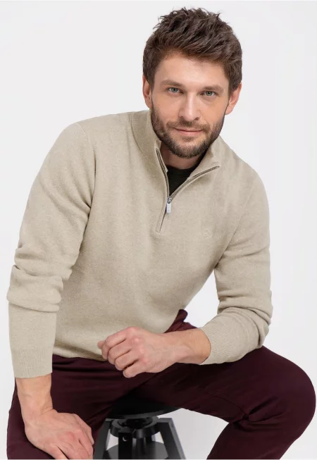 Мъжки пуловер - с висока яка и цип - от памучна смес - Regular Fit -  S-Carlo - бежов меланж - Бежов меланж