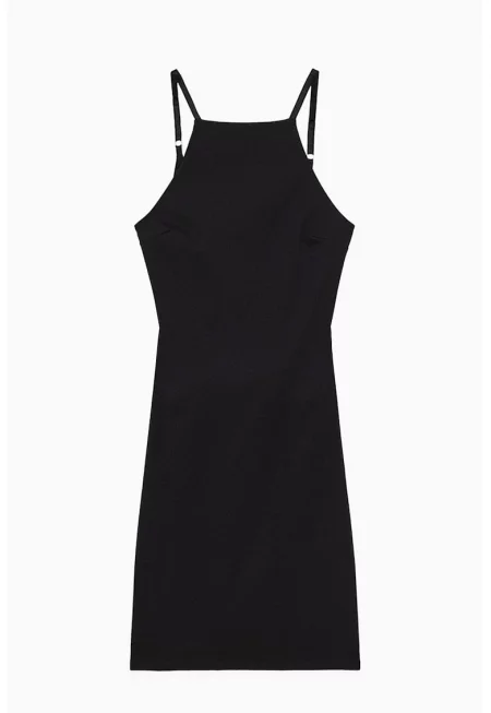 Миди рокля с презрамки и гол гръб - Черен