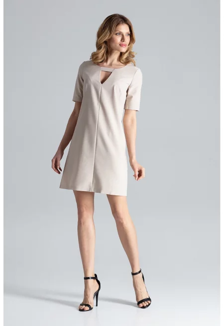 Мини рокля  бежова - елегантна - дълбоко деколте - полиестер