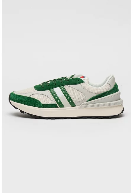 Мрежести спортни обувки с велур - Зелен/Светло сив