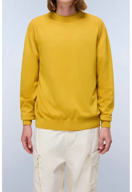 Памучен пуловер с овално деколте - Шафраново жълто