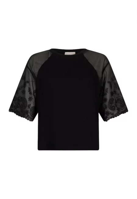 Памучна блуза с овално деколте - Черен