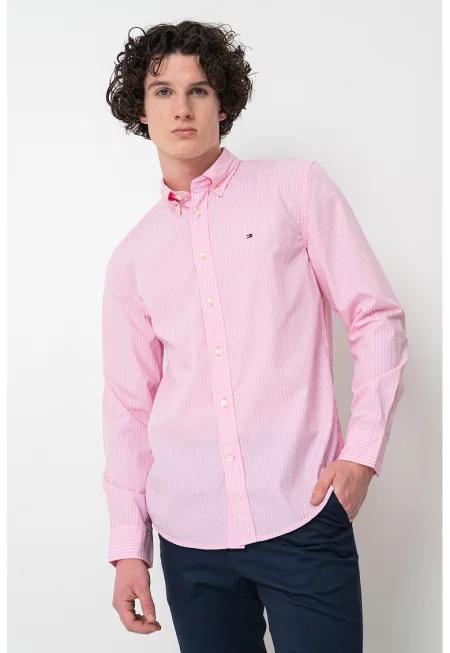 Памучна риза с дълги ръкави и лого - Бял/Пастелнорозов