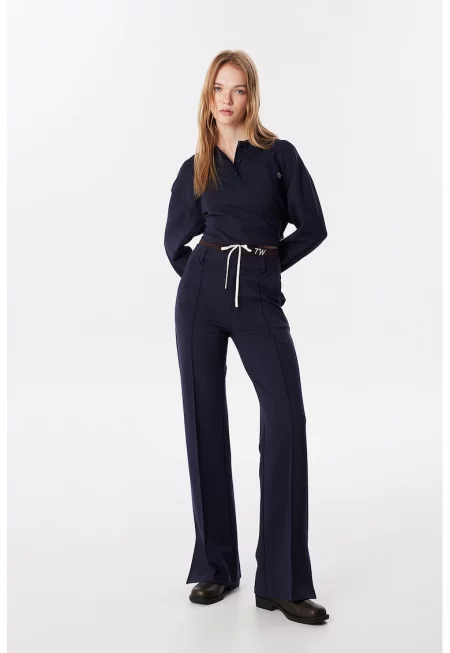 Панталон с висока талия и странични цепки - Тъмносин