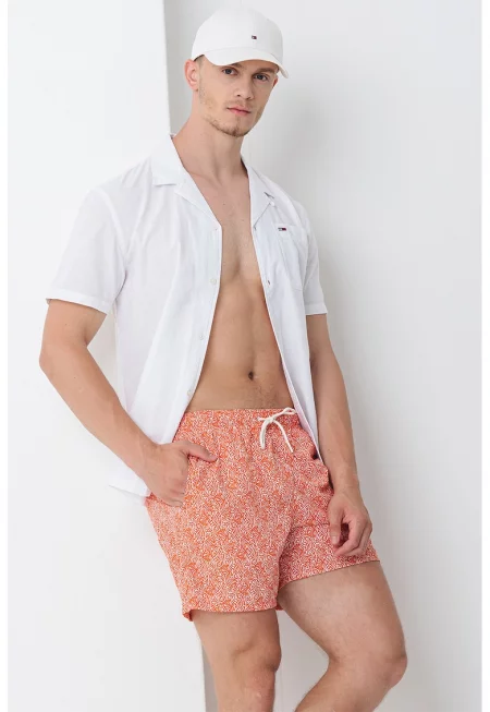 Плувни шорти с принт и джобове - Бял/Изгорен портокал