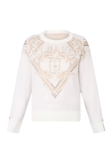 Пуловер с вълна с апликация отпред - Слонова кост