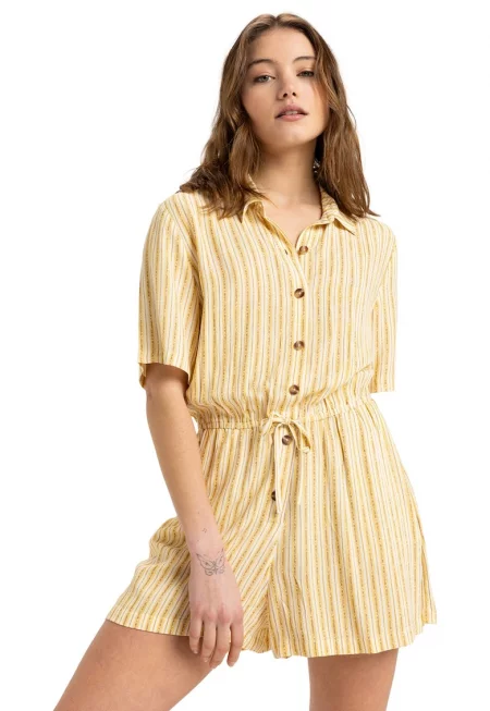 Раиран къс гащеризон с копчета - Бял/Жълт