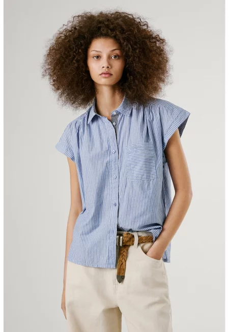 Раирана риза с къси ръкави - Бял/Тъмносин