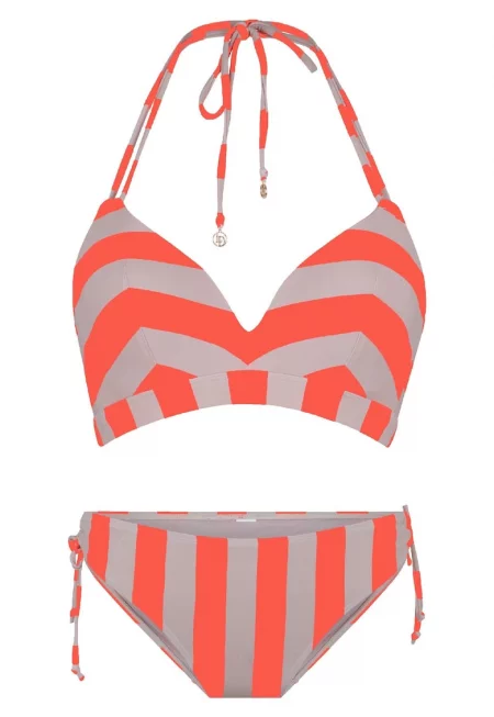 Раирано горнище на бански с подплънки - Оранжев/Сиво-кафяв