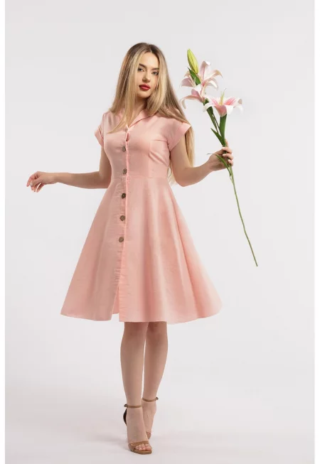 Разкроена ленена рокля-риза - Бледо розово