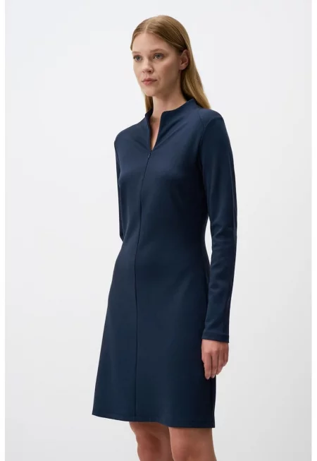 Разкроена рокля с цип на деколтето - Тъмносин