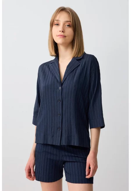 Рипсени шорти с висока талия - Тъмносин