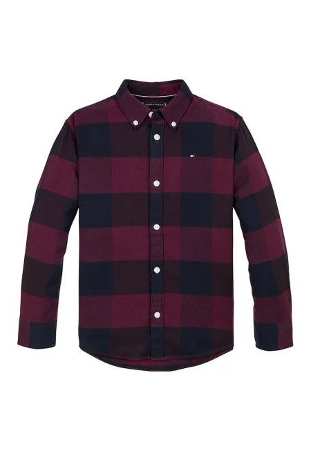 Риза с органичен памук и каре - Червен/Тъмносин
