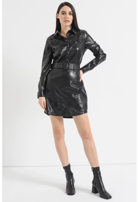 Рокля от еко кожа с бродерия - Черен