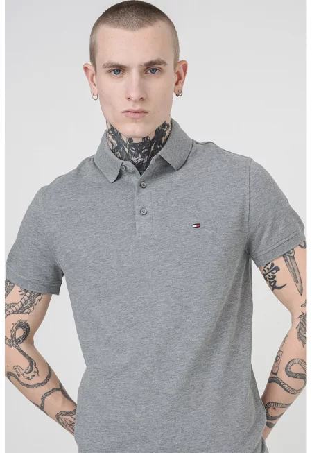 Слим тениска с органичен памук с яка - Сив