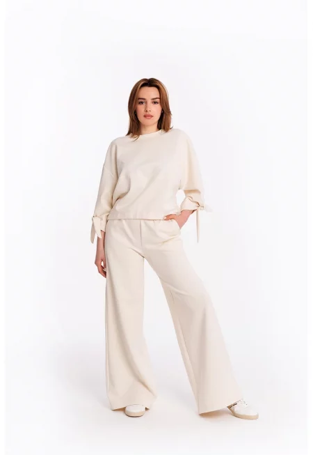 Спортен панталон с широк крачол и висока талия - Светло бежово