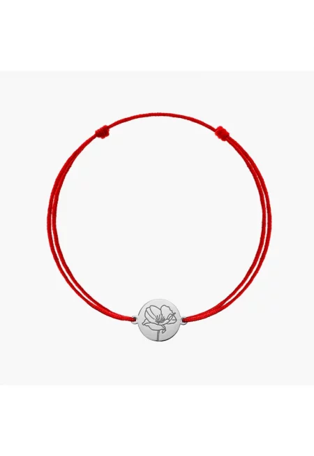 Сребърна гривна с шнур с рождено цвете - август мак