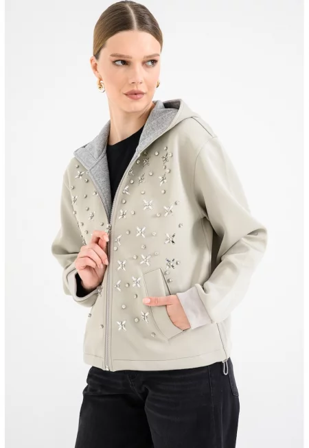 Стандартно худи с декоративни камъни - Светло сив