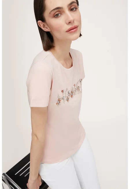 Тениска с памук с декоративни камъни - Бледо розово