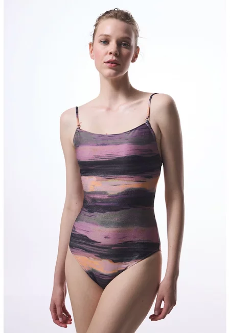 Цял бански с квадратно деколте - Светлорозов/Антрацитно сиво