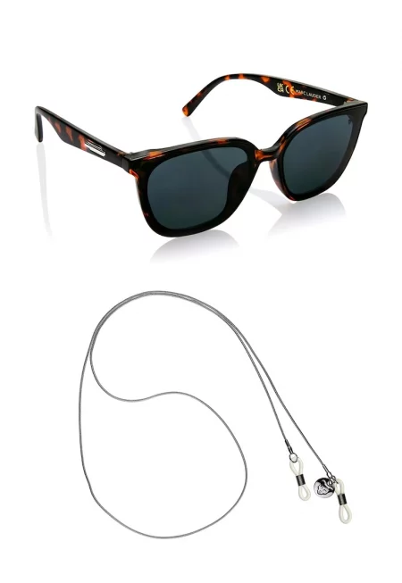 Унисекс квадратни слънчеви очила с верижка - Кафяв/Оранжев