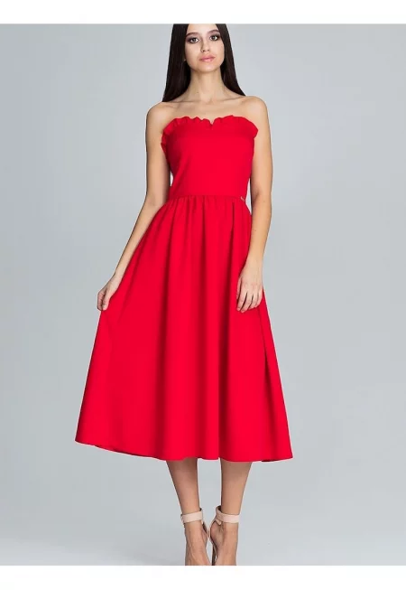 Вечерна рокля  червена - с корсаж и волани - изработена от полиестер и вискоза