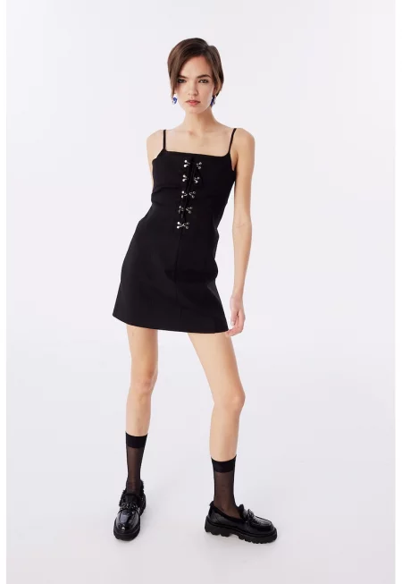 Вталена рокля с квадратно деколте - Черен