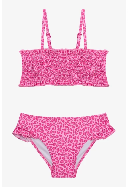 Бански от две части с десен - Фуксия/Бял