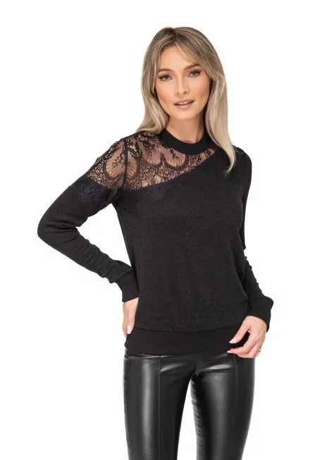 Блуза Liv с вълна с дантела - Черен