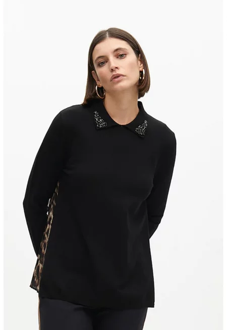 Блуза с яка и принт на гърба - Черен/Кафяв