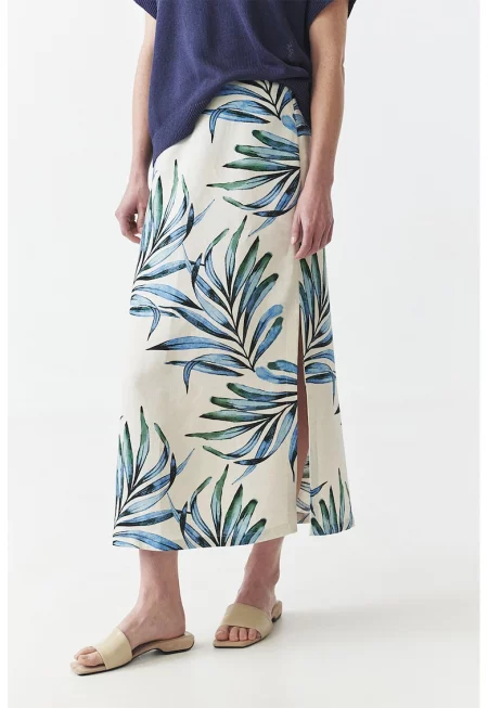 Дълга пола с тропическа шарка - Син/Светло бежово