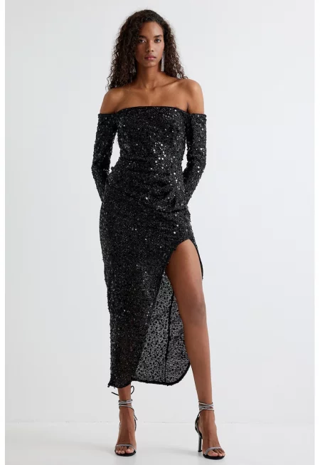 Дълга рокля с голо рамо - Черен