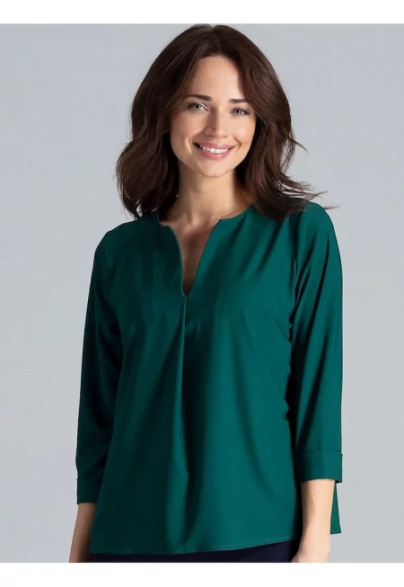 Дамска блуза - Ленитиф - семпла - с V-образно деколте - зелена - полиестер