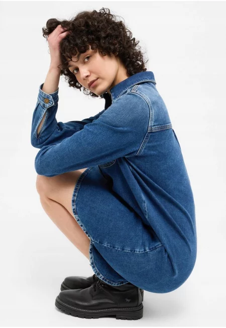 Дамска рокля -  Aloha Henley Dress - Regular Fit - с яка - дълги ръкави - акцент деним - копчета - памук - ЕС - синя - Син