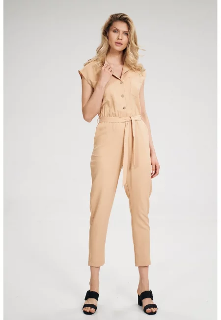 Дамски гащеризон -  елегантен - къс ръкав - завързан на талията - бежов - полиестер -