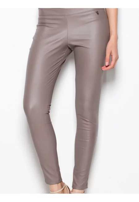 Дамски панталон  елегантен - бежов - имитация на кожа - със страничен цип -