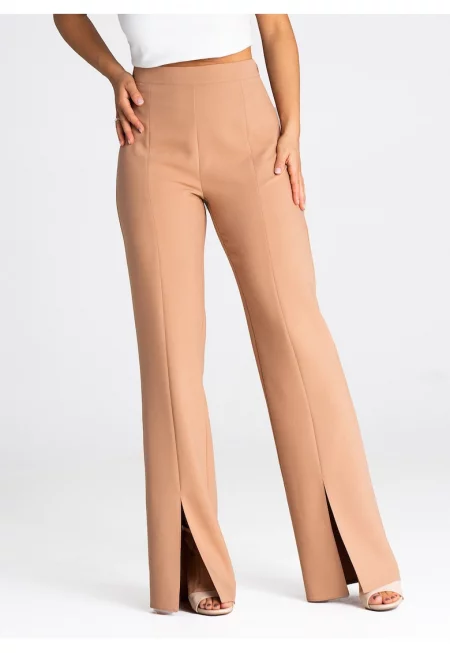 Дамски панталон  M955 - елегантен - с висока талия - плисиран - кафяв - полиестер - вискоза - еластан