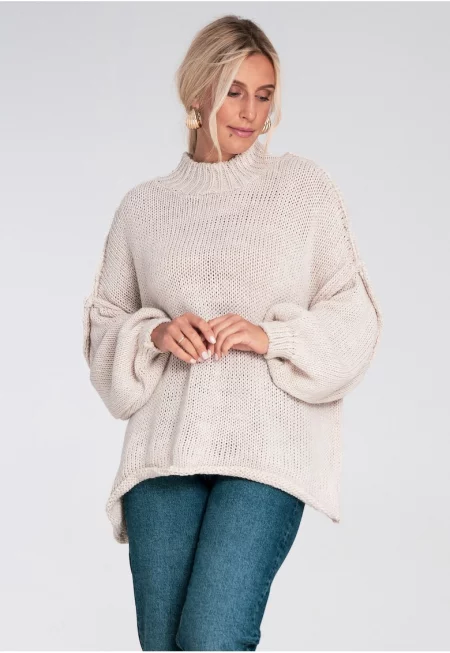 Дамски пуловер -  висока яка - плътен - бежов полиестер