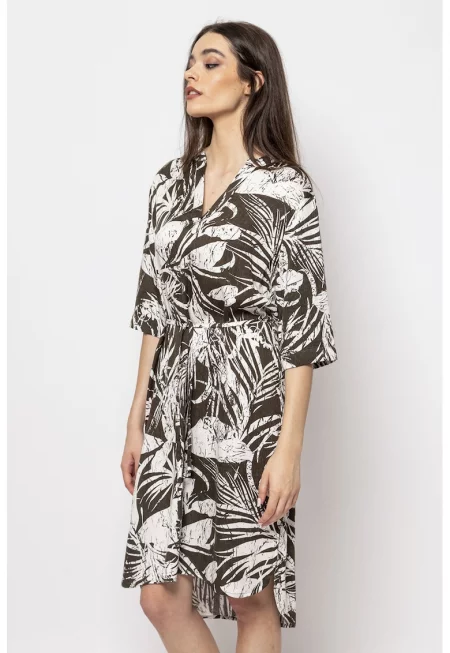 Десенирана рокля с връзка на талията - Тъмно каки/Мръснобял