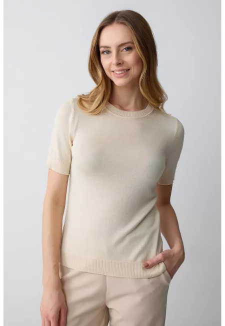 Фино плетен пуловер с къси ръкави - Крем