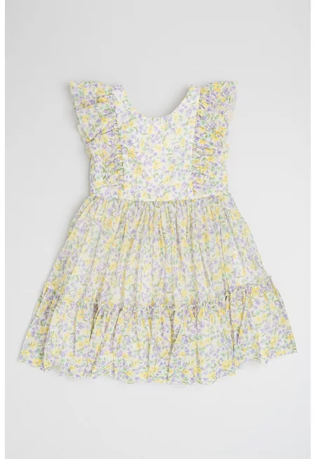 Флорална рокля без ръкави - Бял/Жълт/Светлозелен